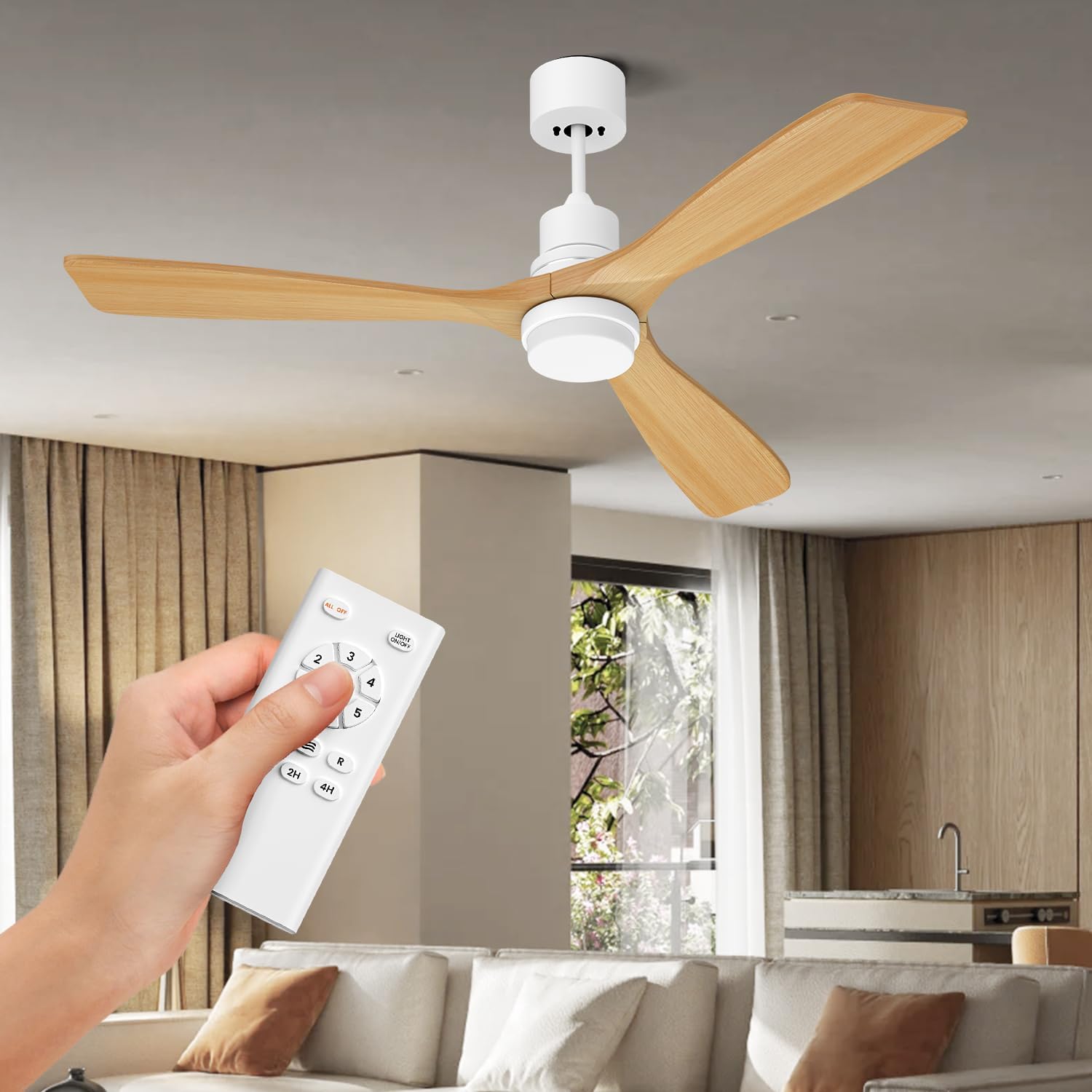 Obabala 52IN Wood Ceiling Fan with LED Light and Remote Control