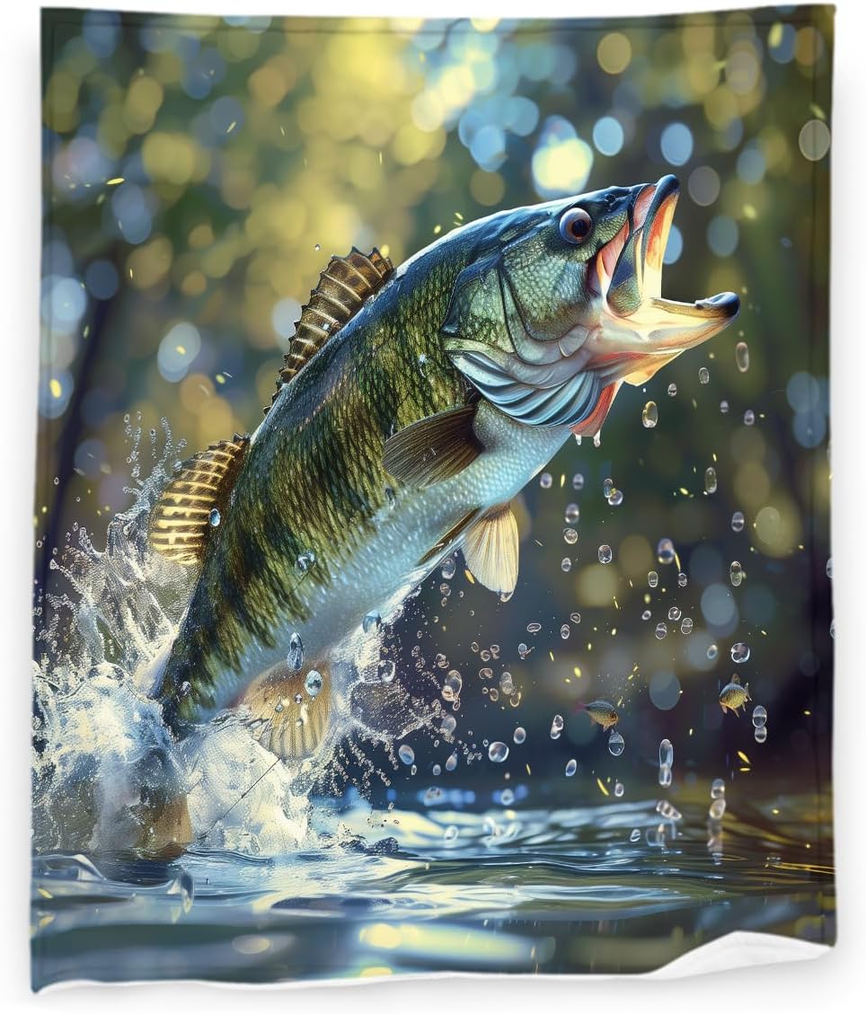 Black Bass Jumping Water Fleece Blanket