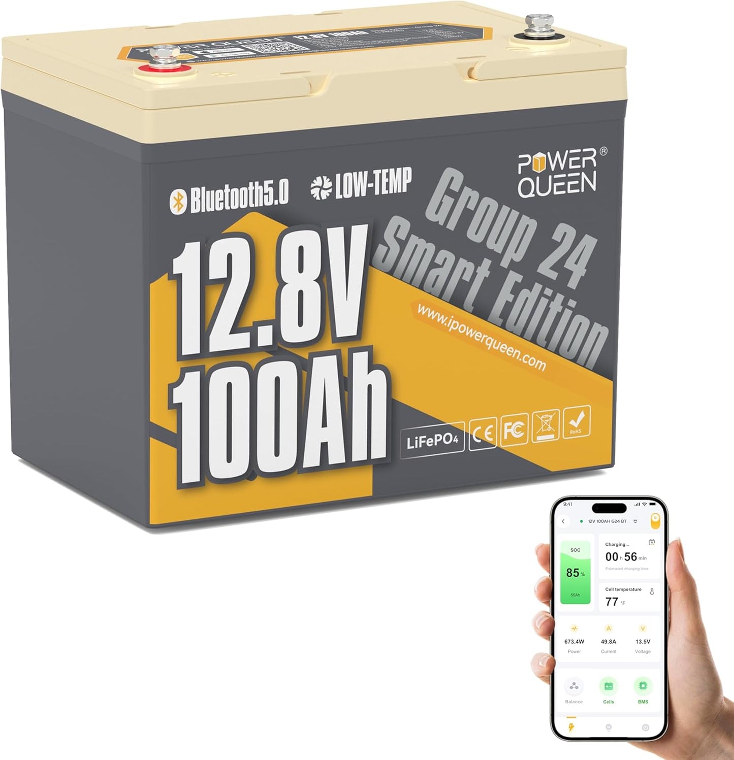 Power Queen 12V 100Ah Bluetooth LiFePO4 Battery for RVs