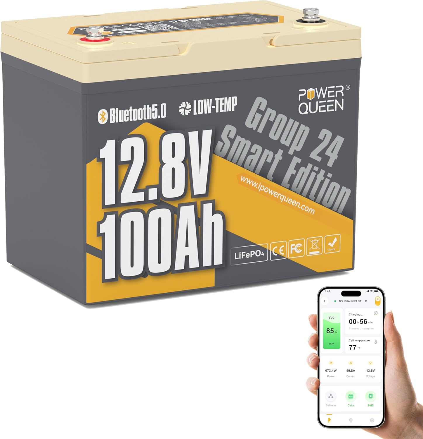 Power Queen 12V 100Ah Bluetooth LiFePO4 Battery for RVs
