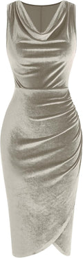 Womens Velvet Cowl Neck Cocktail Midi Dress - Ruched Bodycon
