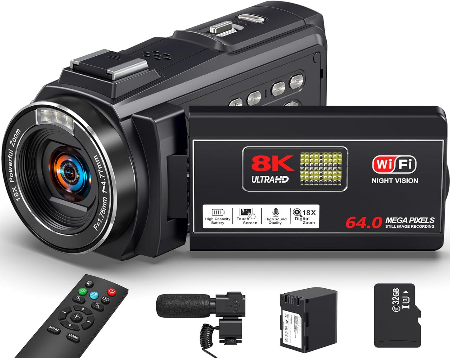 8K Video Camera with 64MP and 18X Zoom for Vlogging