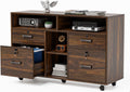 Dark Brown Wood Lateral File Cabinet with Lock, 4 Drawer & Shelves