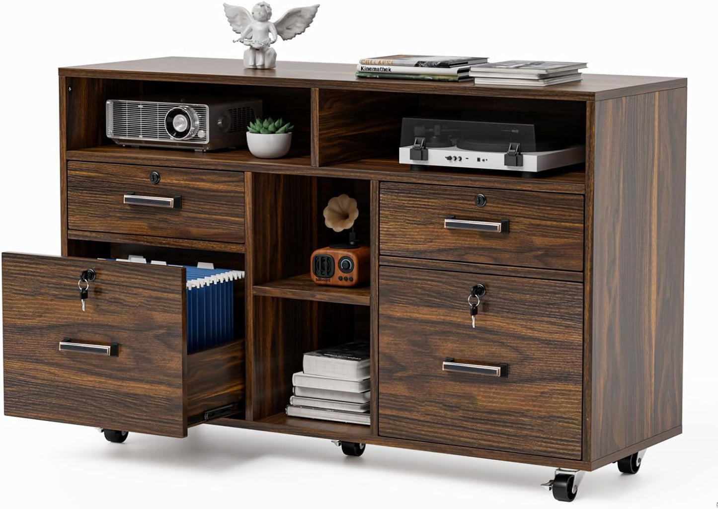 VINGLI Dark Brown Wood Lateral File Cabinet with Lock & Shelves