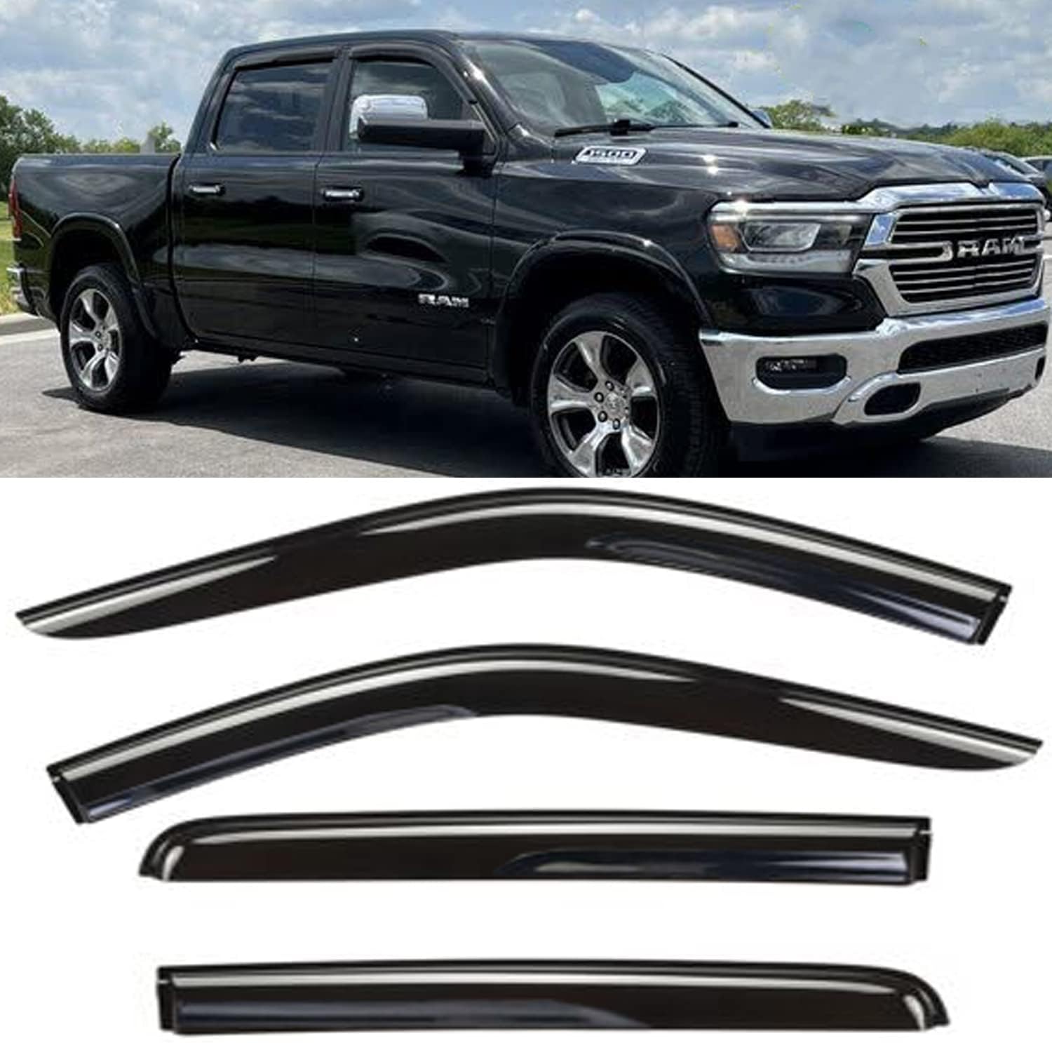 Side Window Visors Rain Guards for 2019-2025 Ram 1500 Crew Cab