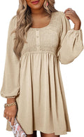 Womens Casual Smocked Crewneck Button Up A-Line Mini Dress
