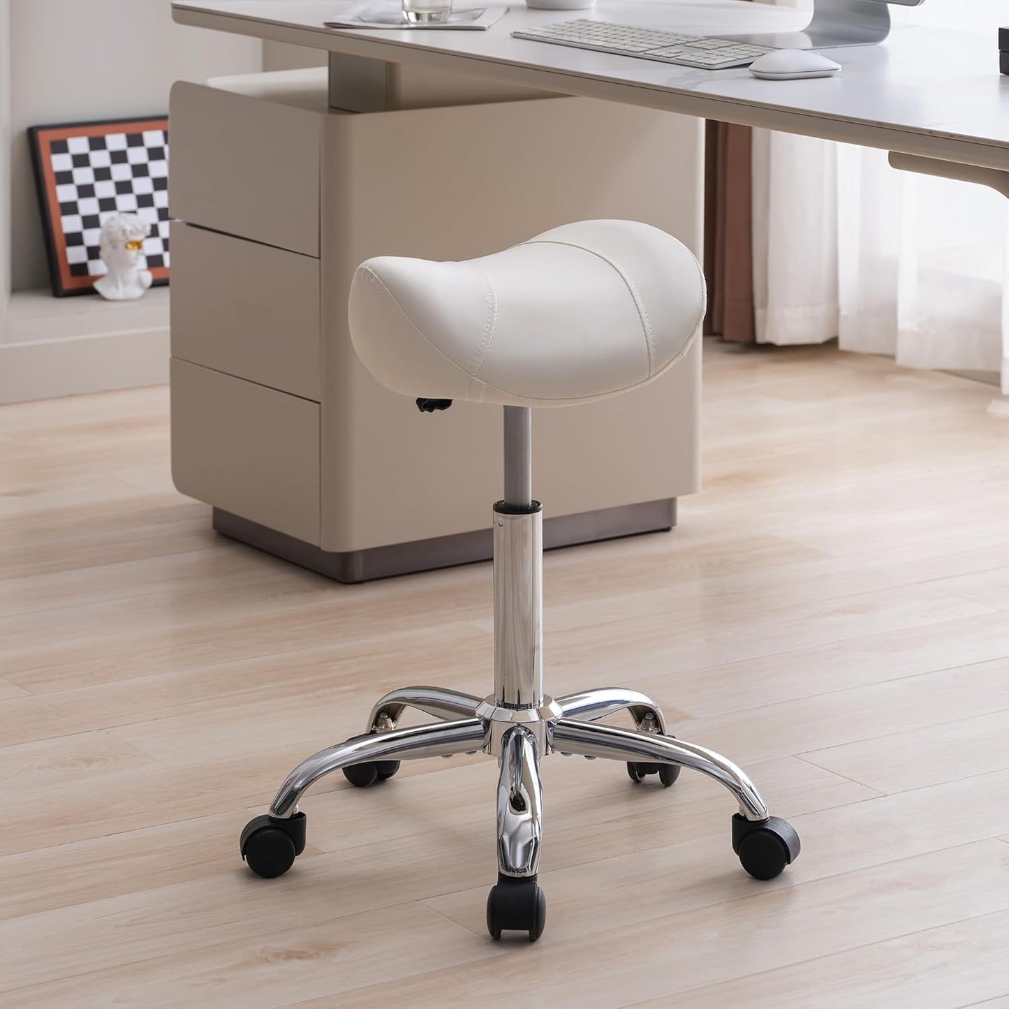 Adjustable Saddle Stool with Wheels for Salon and Office Use