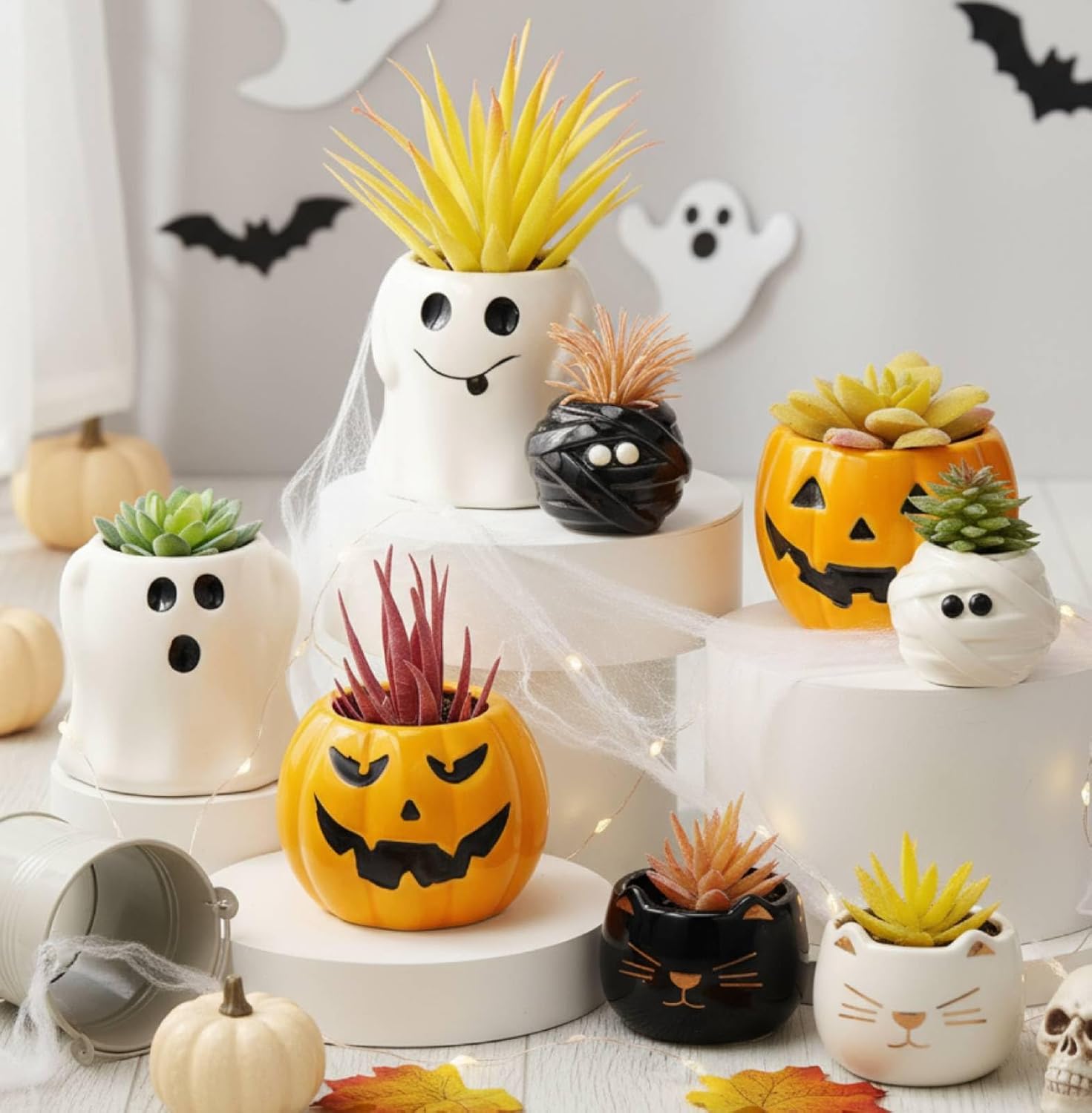 8 Pcs Halloween Ceramic Succulent Pots for Spooky Decor