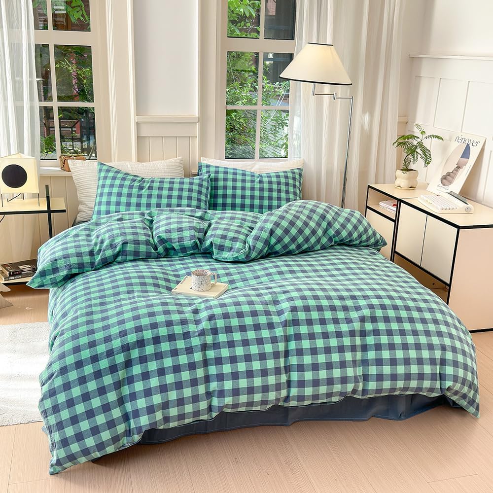 FACE TWO FACE King Size Duvet Cover Set in Blue Green Grid