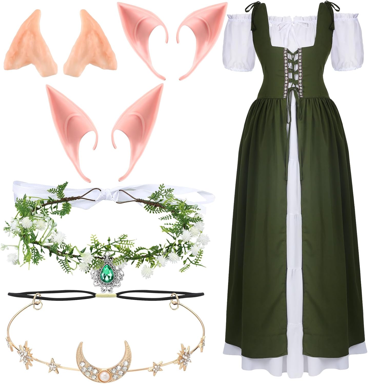 Renaissance Fairy Costume Set with Elf Ears and Accessories