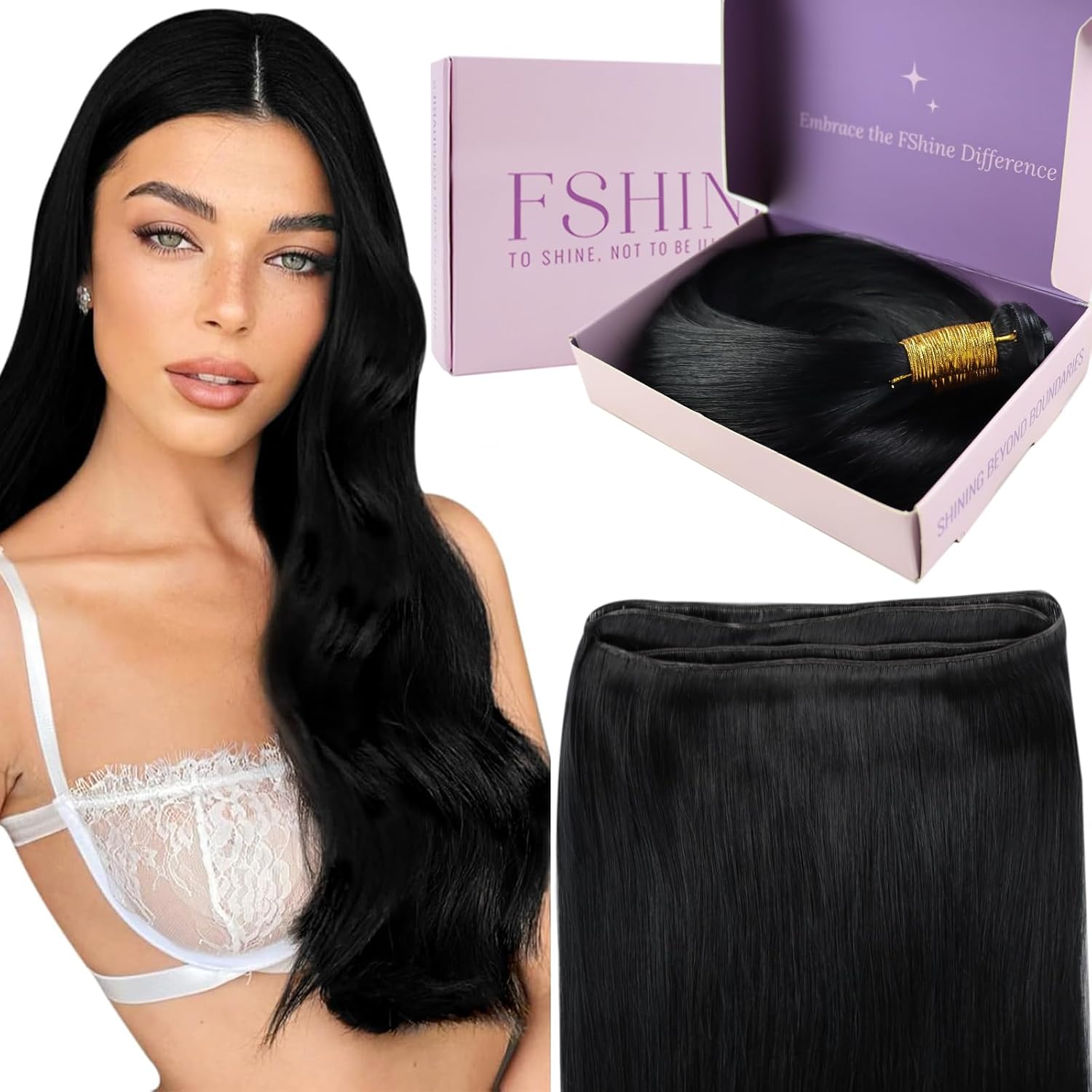 Fshine Real Human Hair Extensions 22 Inch Jet Black Weft