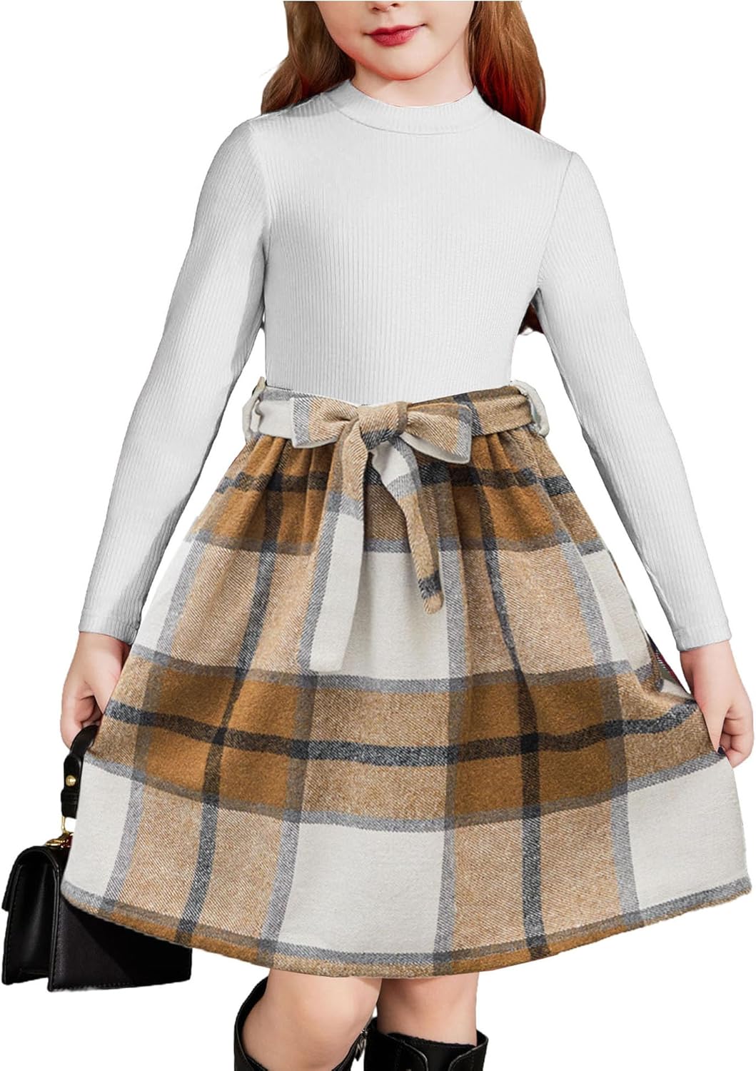 Arshiner Girls Dresses Long Sleeve Rib Knit Plaid Dress with Pockets