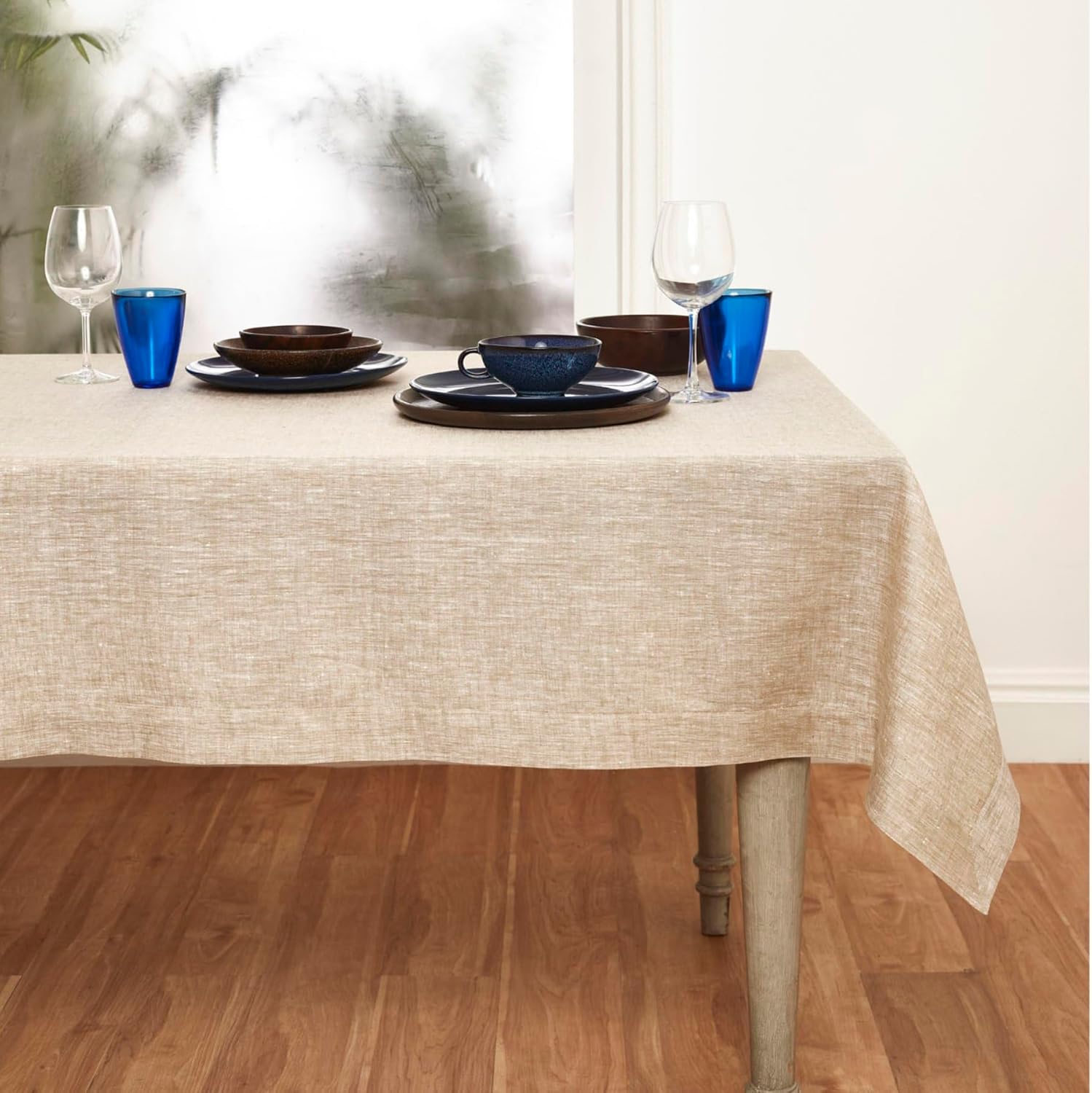 Pure Linen Champagne Beige Tablecloth 60 x 108 Inch for Holidays