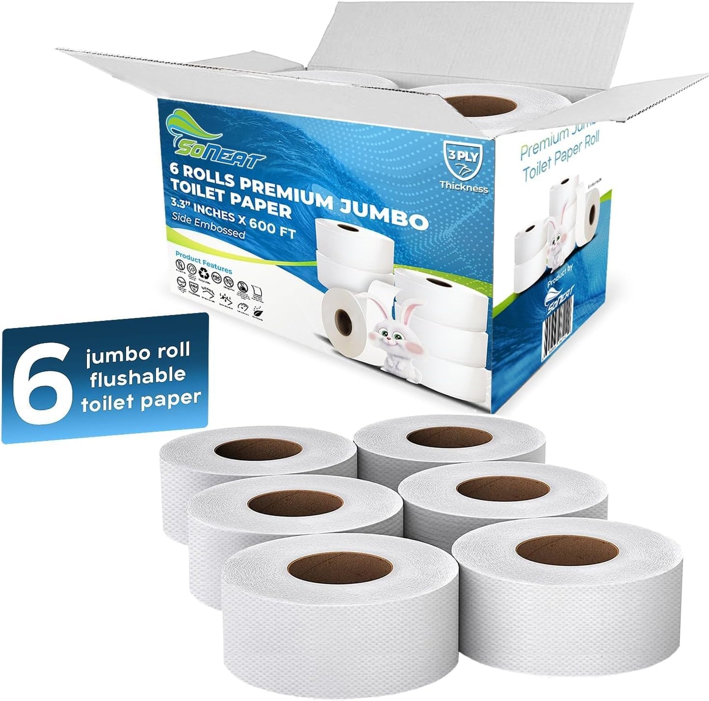 3-Ply Jumbo Toilet Paper Rolls for Commercial Use, 600 Ft Long