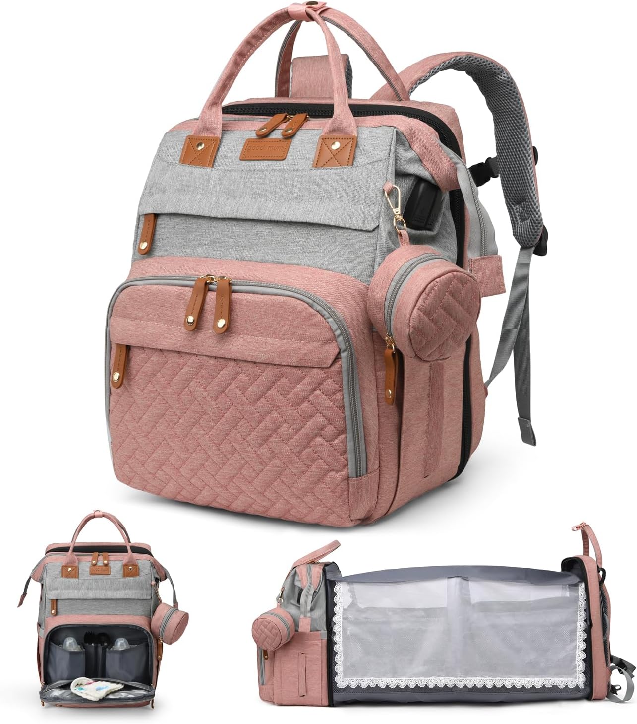 Diaper Bag Backpack with USB Port and Stroller Straps for Parents