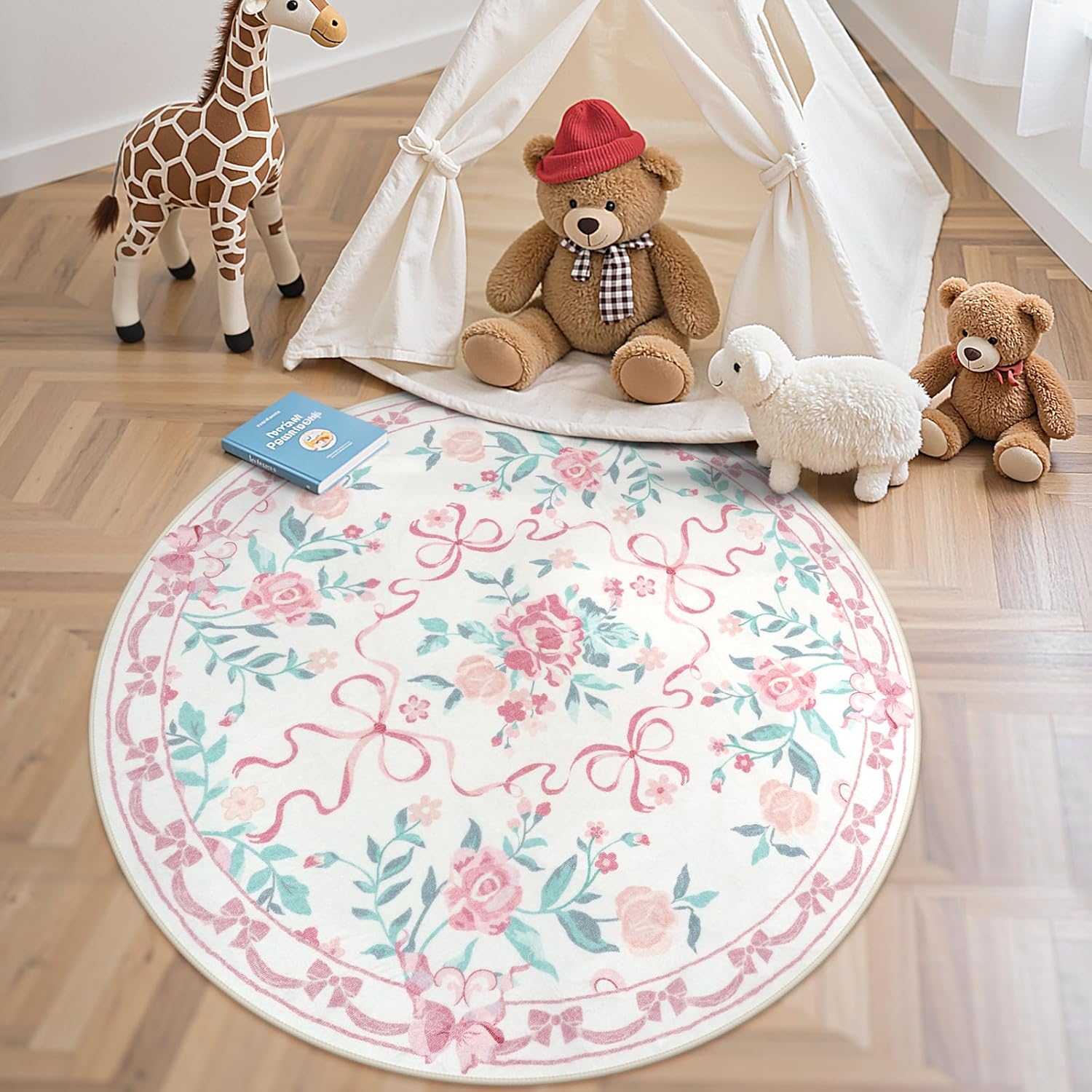 Collive Pink Bow Round Rugs for Girls - Cozy Floral Decor