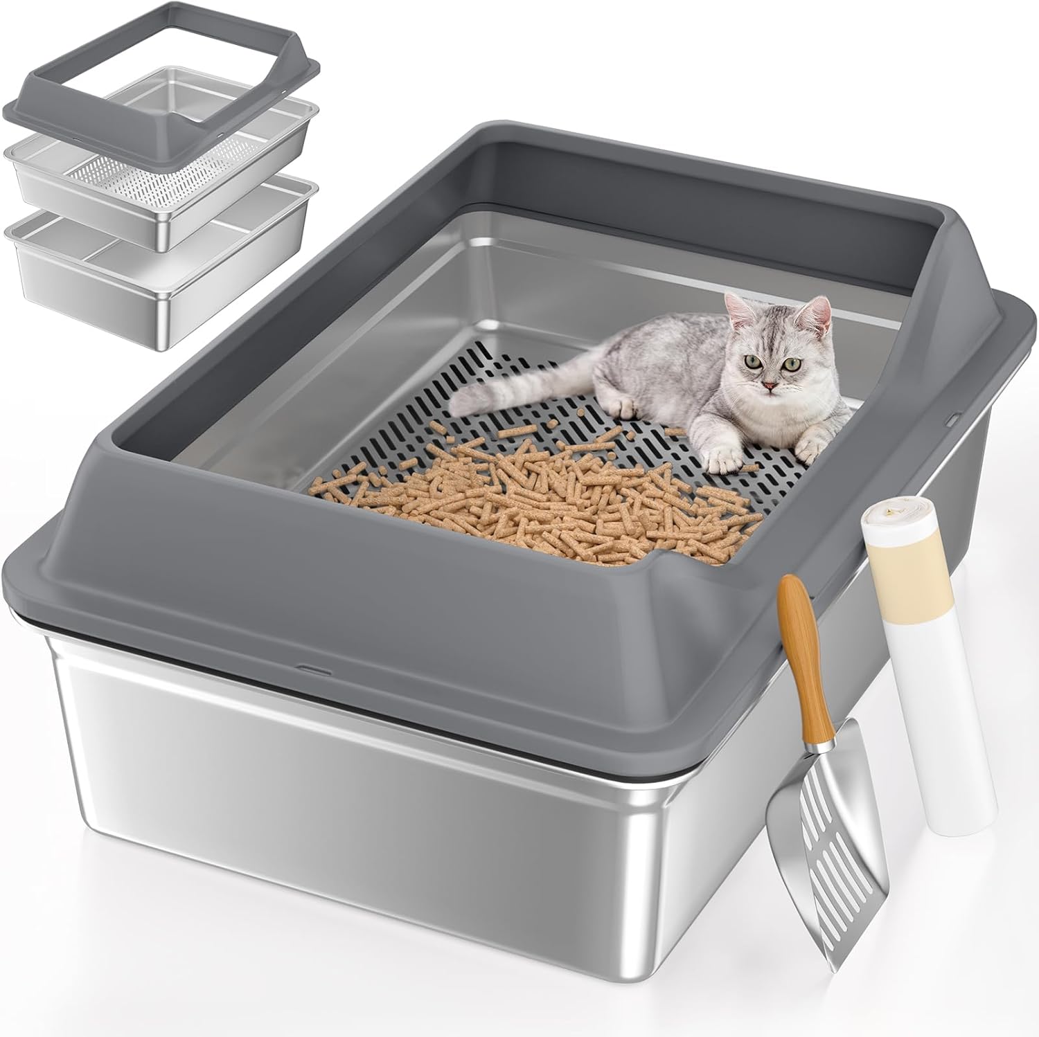 XXXL Stainless Steel Sifting Litter Box for Easy Cat Care