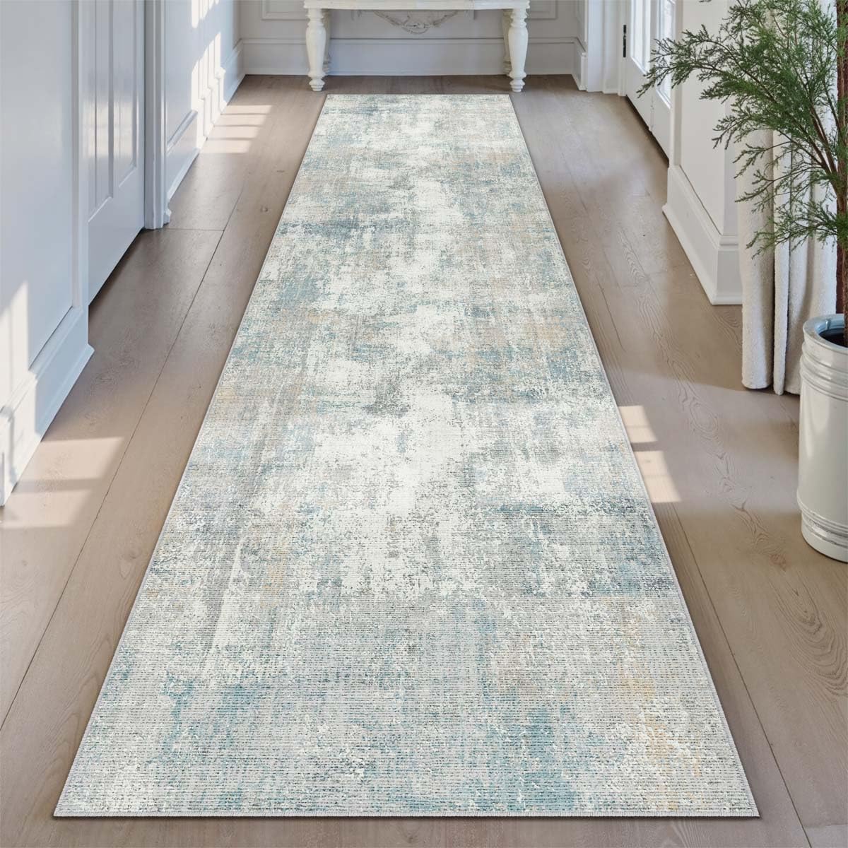3x7 Washable Runner Rug in Blue Cream Abstract Design