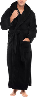 Mens Hooded Plush Fleece Robe Full Length Black - Thick Comfort