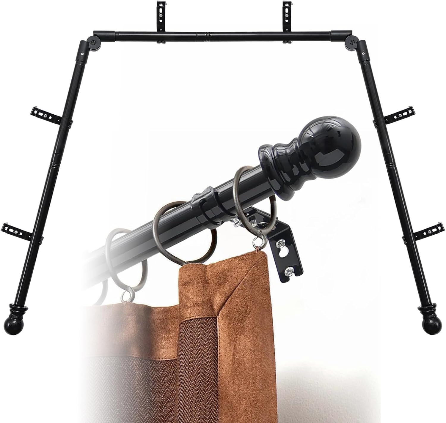 Adjustable Heavy Duty Bay Window Rod Set - DIY U-Shape Design in Black