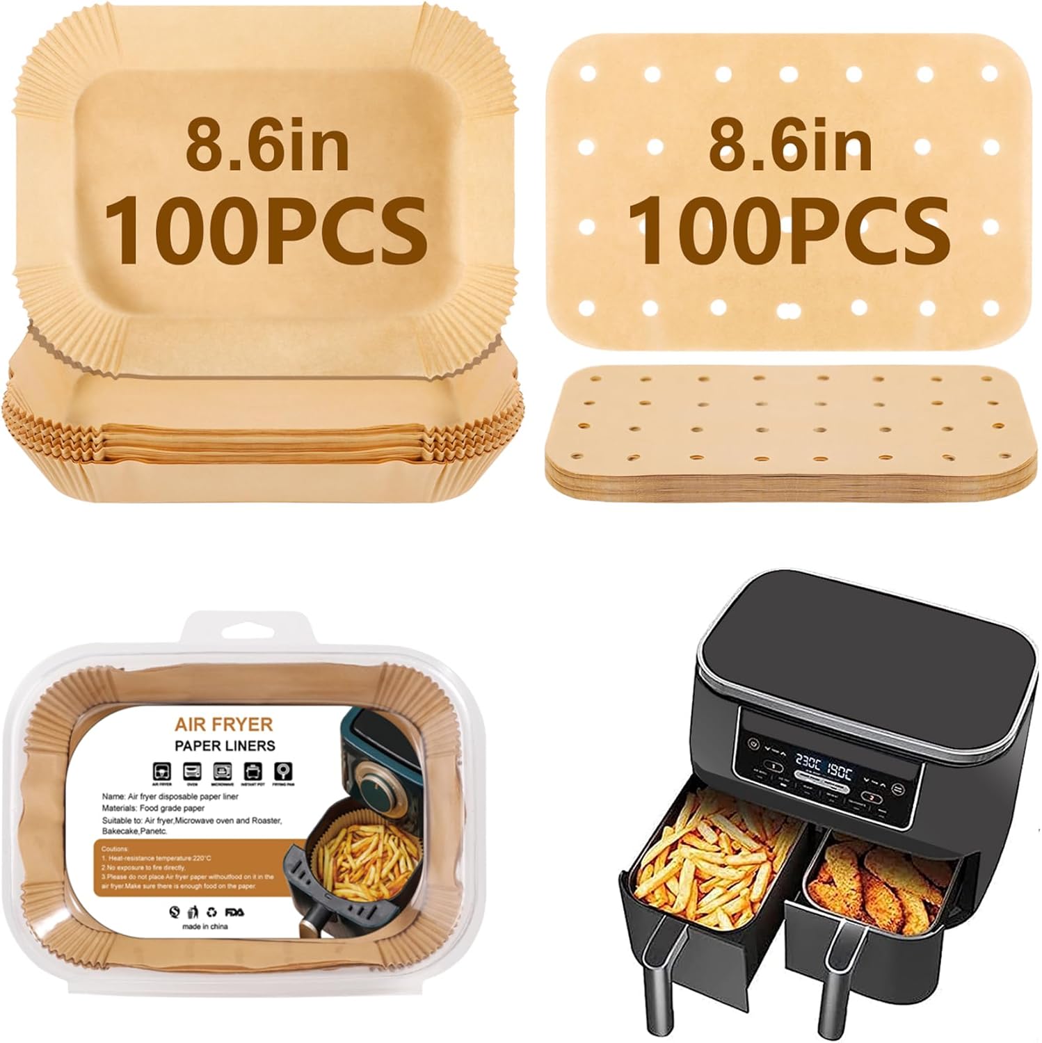 Non-Stick Air Fryer Liners - 200PCS, 8.6 x 5.5