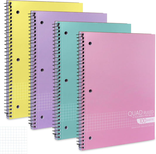 Manaloom Graph Paper Notebook Set - Quad Ruled Grid, Perforated Pages, Assorted Colors - 100 Sheets/book - (4 Pack)