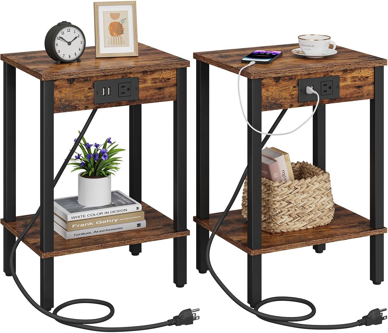Set of 2 End Tables with Charging Station for Small Spaces