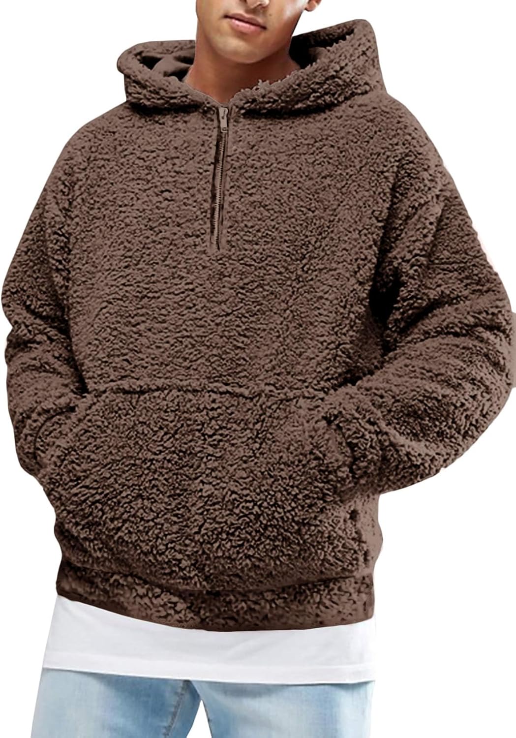 Runcati Mens Fuzzy Sherpa Pullover Hoodie for Winter Style