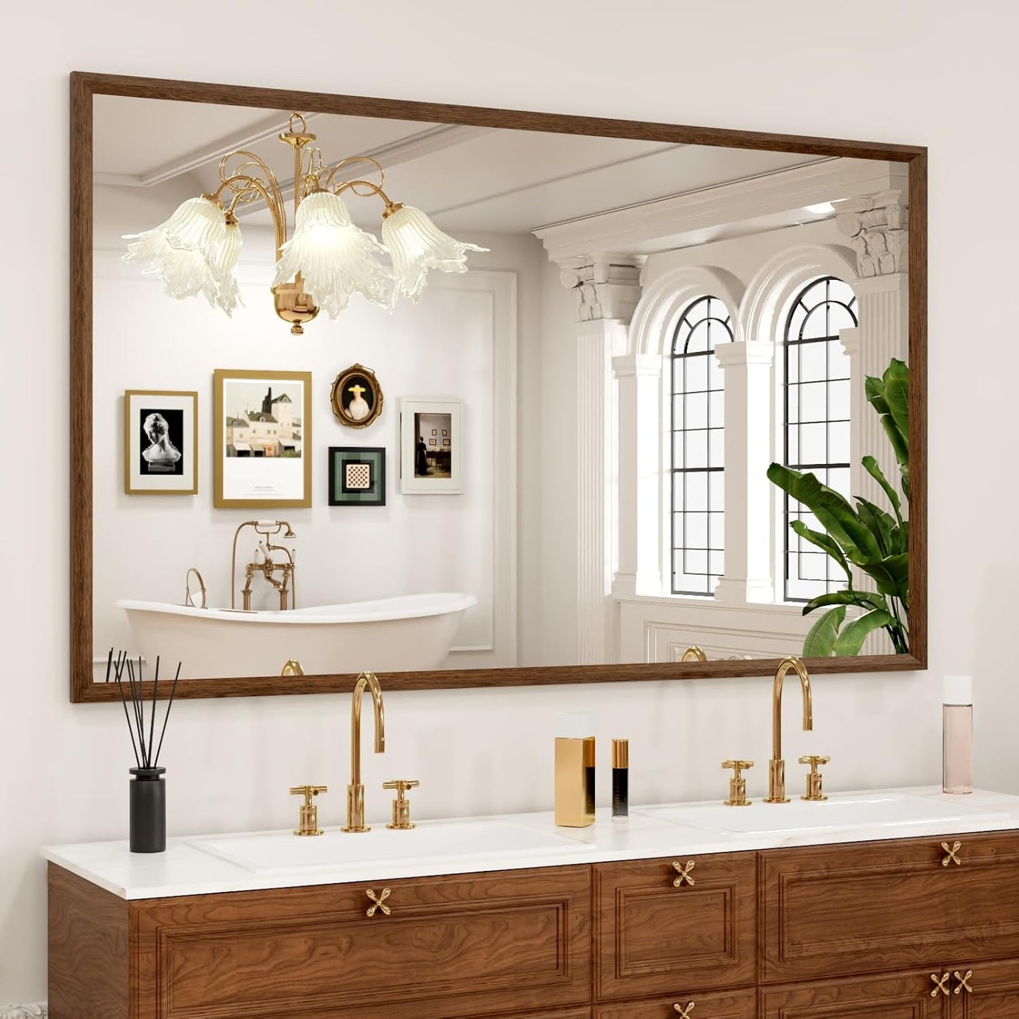 Rectangle Walnut Bathroom Mirror 60x36 Inch for Modern Decor