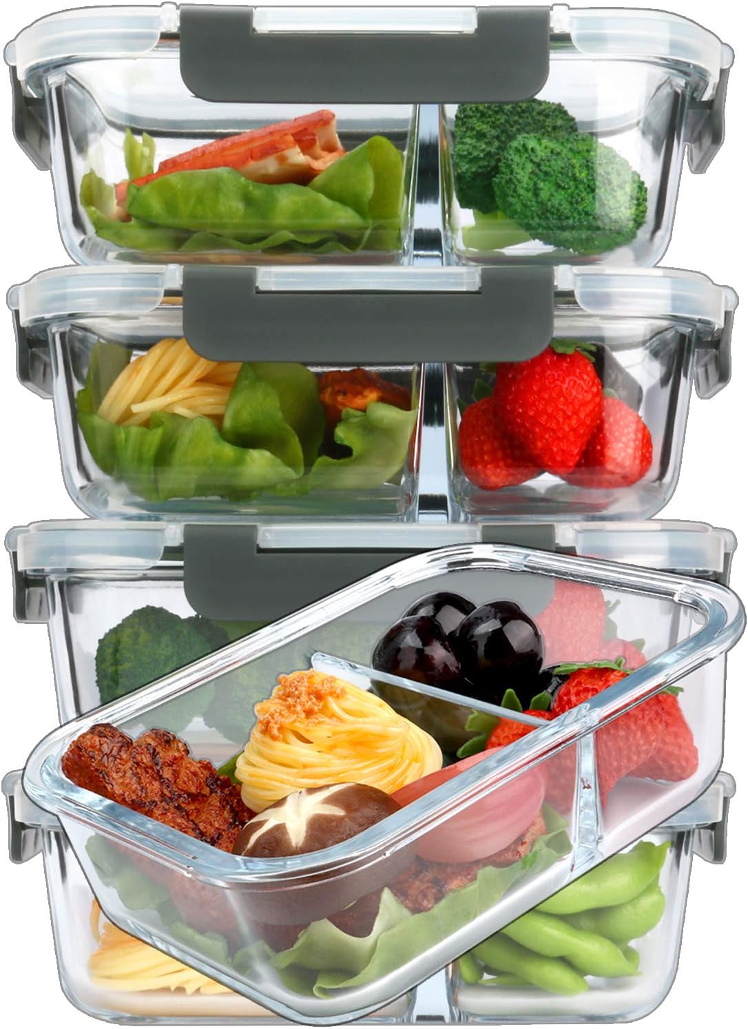 5-Pack Glass Meal Prep Containers - Portion Control with Snap Locking Lids