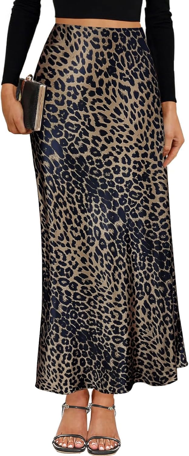 Women's Satin Maxi Skirt with High Waist and Leopard Print
