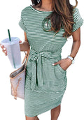 Women's Summer Striped Short Sleeve T Shirt Dress - Tie (Style 37HB)