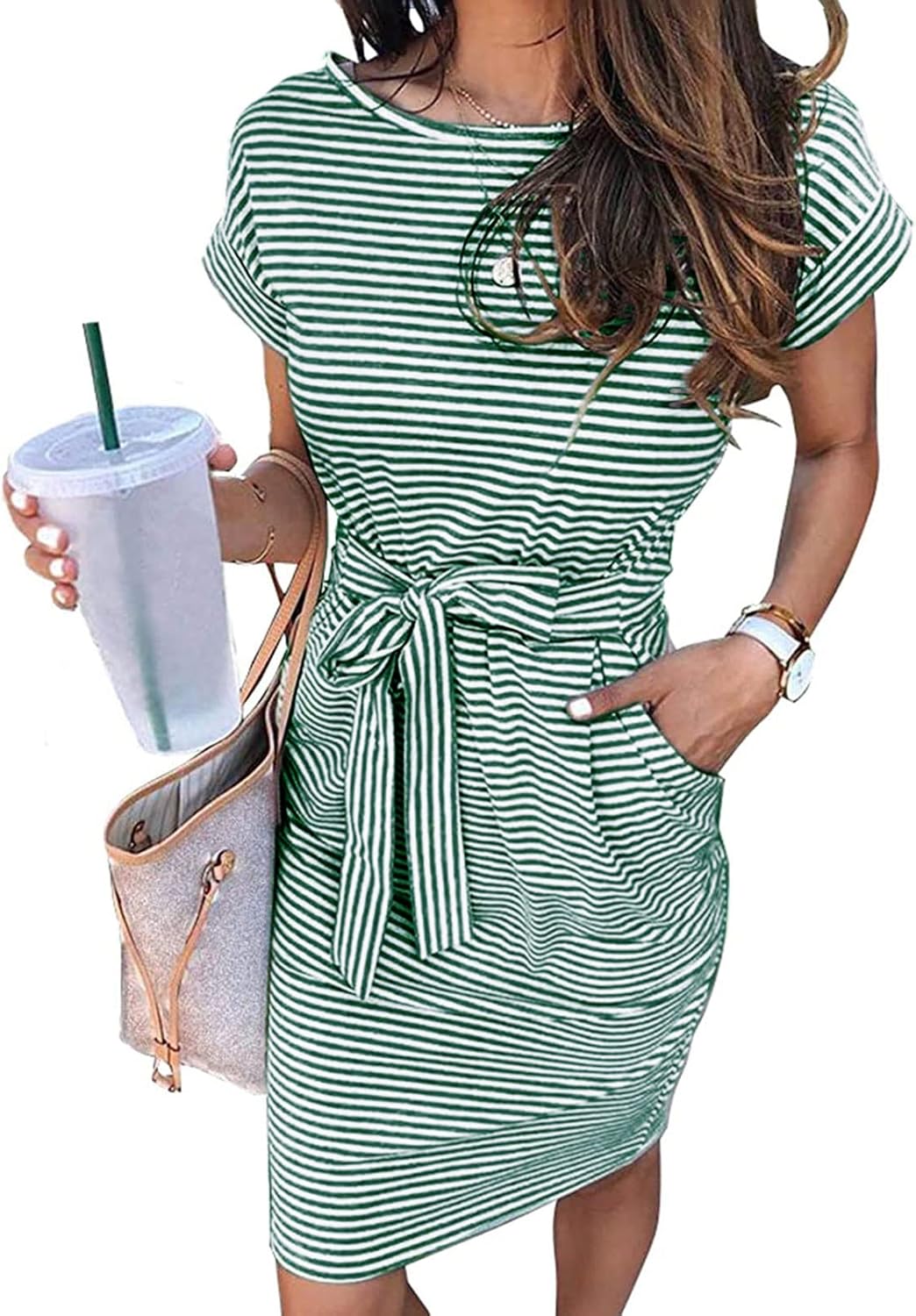MEROKEETY Women's Summer Striped T Shirt Dress with Pockets