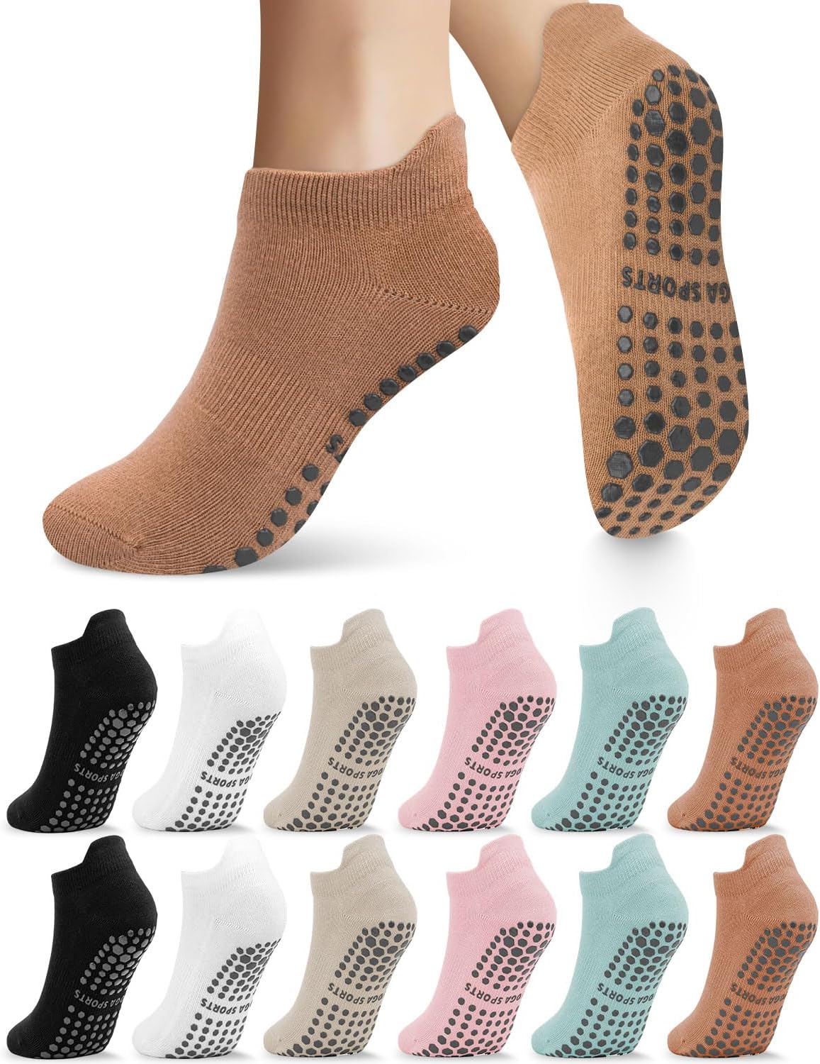 Non-Slip Grip Socks for Women - 6 Pairs, Perfect for Barefoot Workouts!