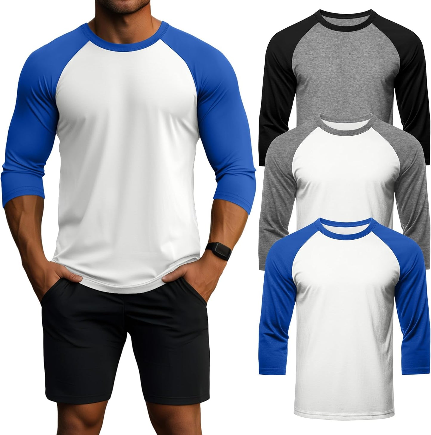 Men's 3/4 Sleeve Cotton Crew Neck Baseball T Shirts - 3 Pack
