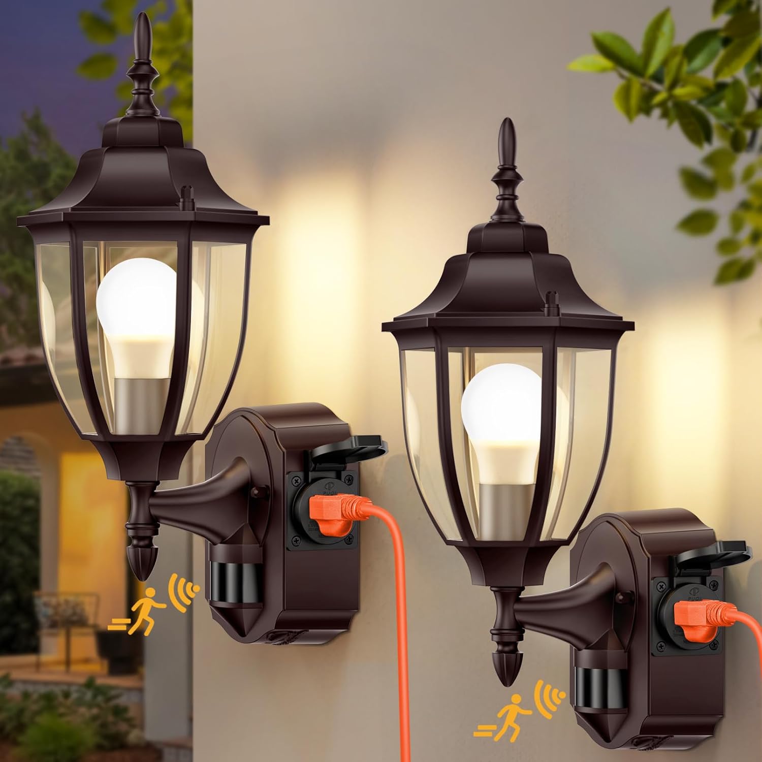 2 Pack Motion Sensor Outdoor Lights with Built-in Outlet