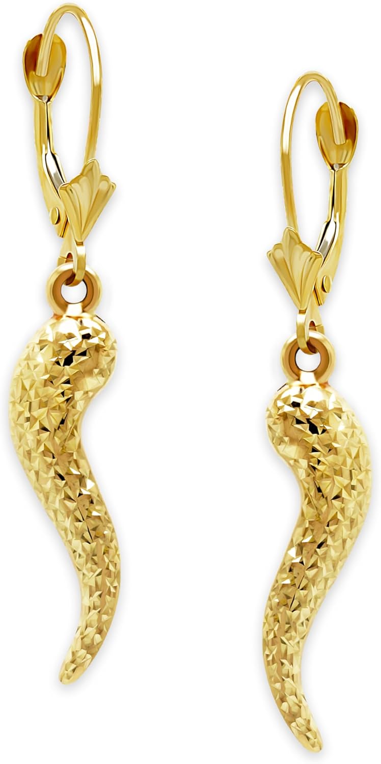 Gold Italian Horn Earring - 10 Karat Dangle Cornicello Style