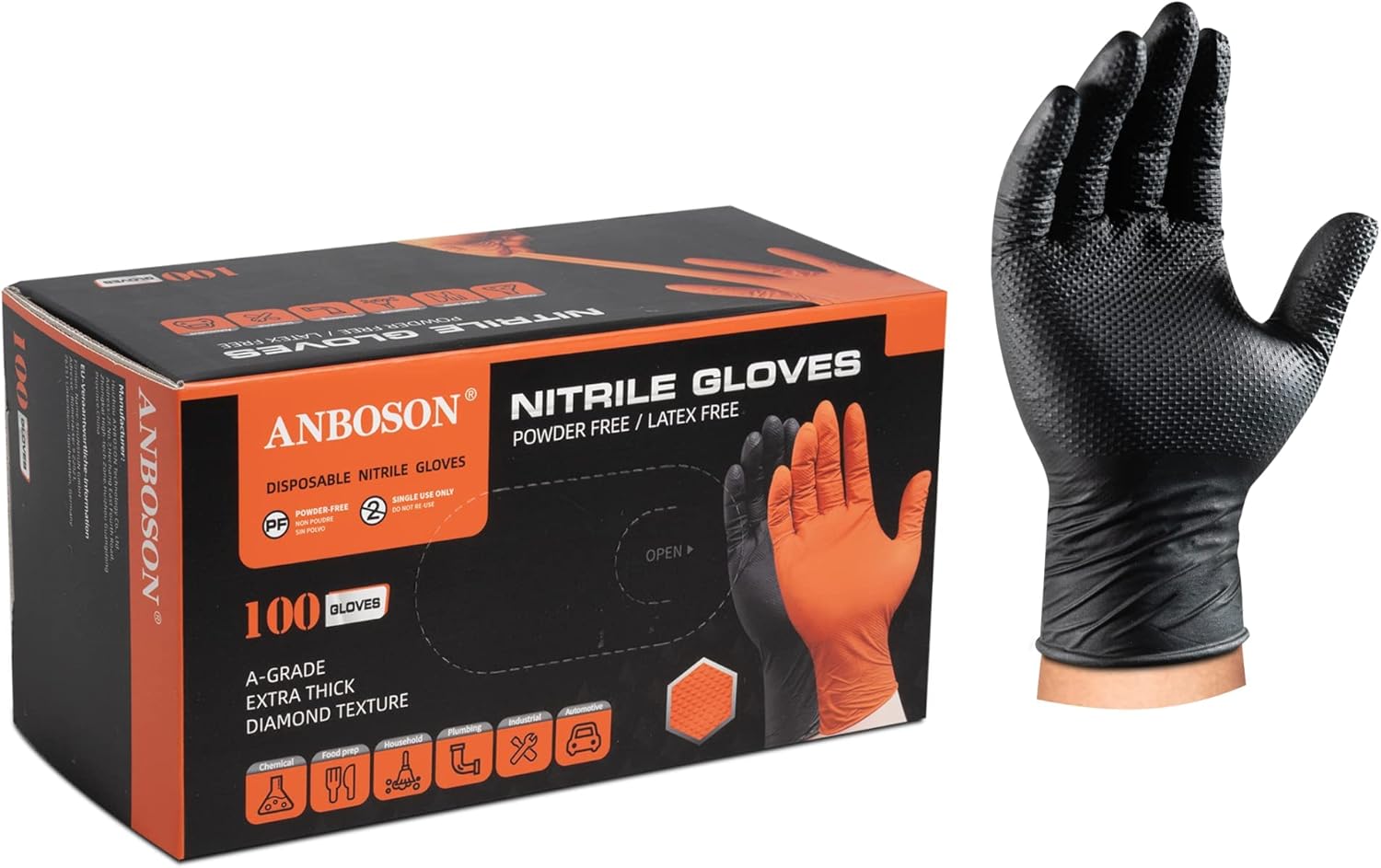 ANBOSON Black Nitrile Gloves - Heavy Duty Chemical Resistant