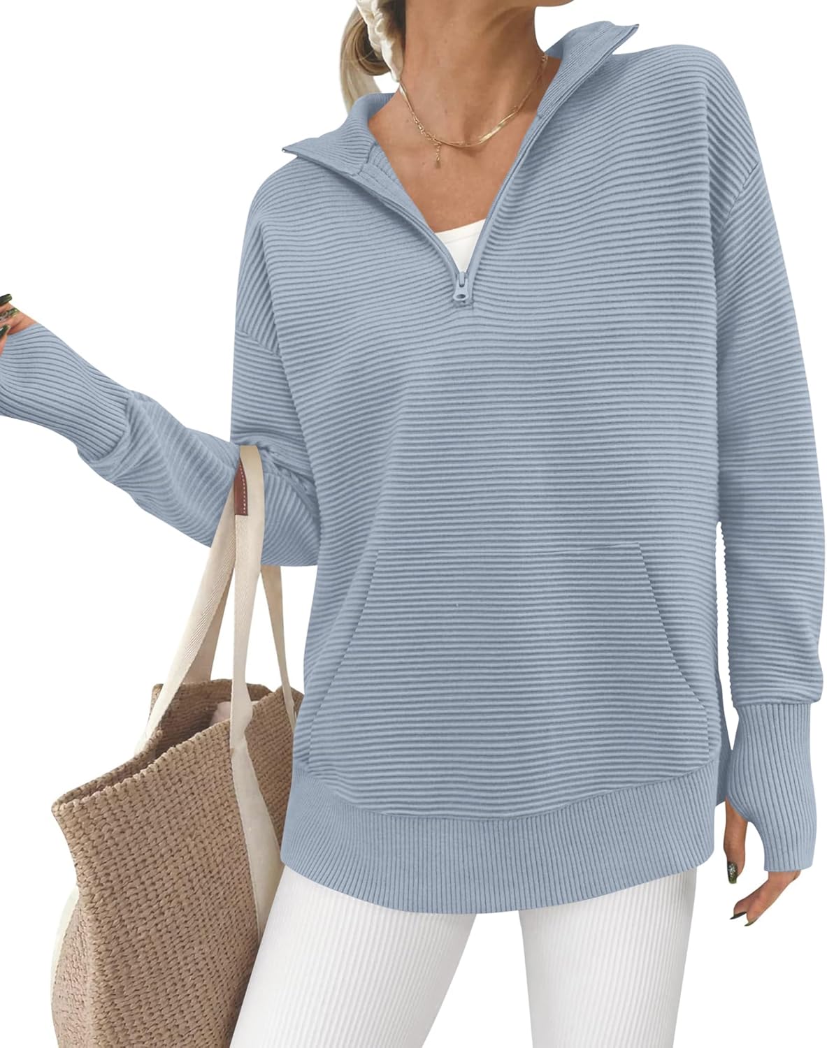 BTFBM Pocket Quarter Zip Pullover V Neck Sweater for Women