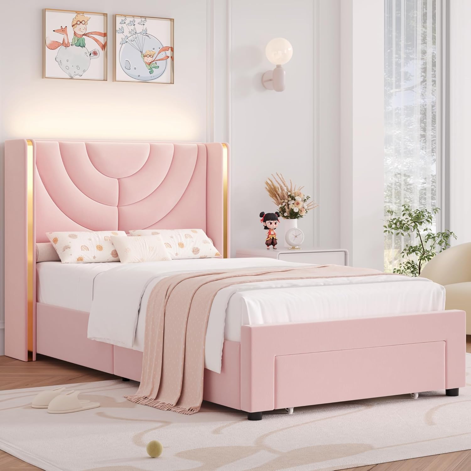 HITHOS Twin Upholstered LED Bed Frame with Storage Drawer
