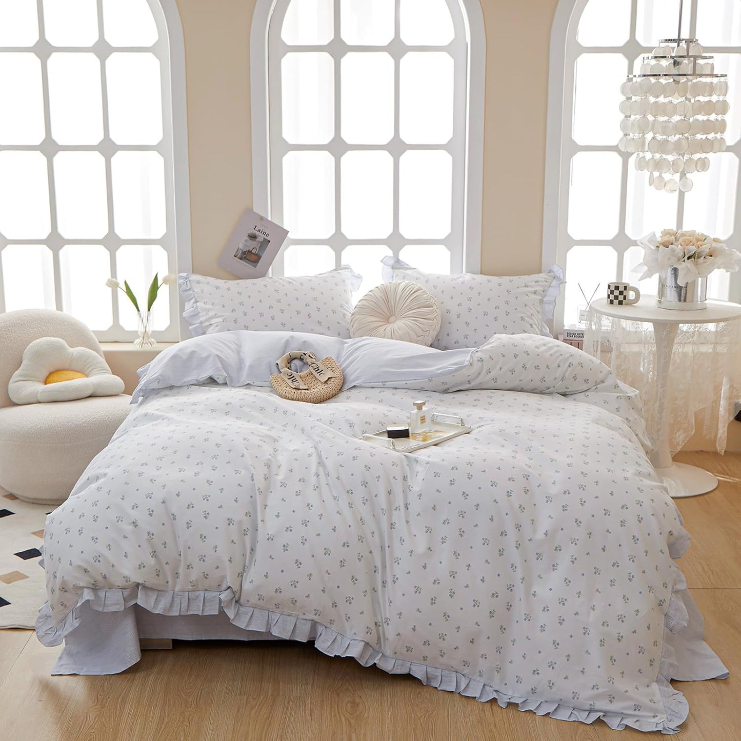 Blue Floral Duvet Cover Set Queen Size for Cozy Boho Bedding
