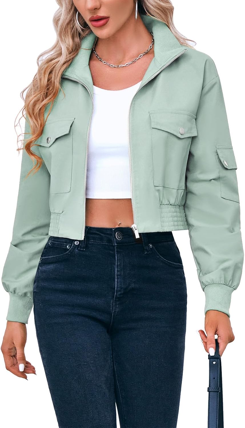 Fisoew Women's Cropped Bomber Jacket for Stylish Everyday Wear