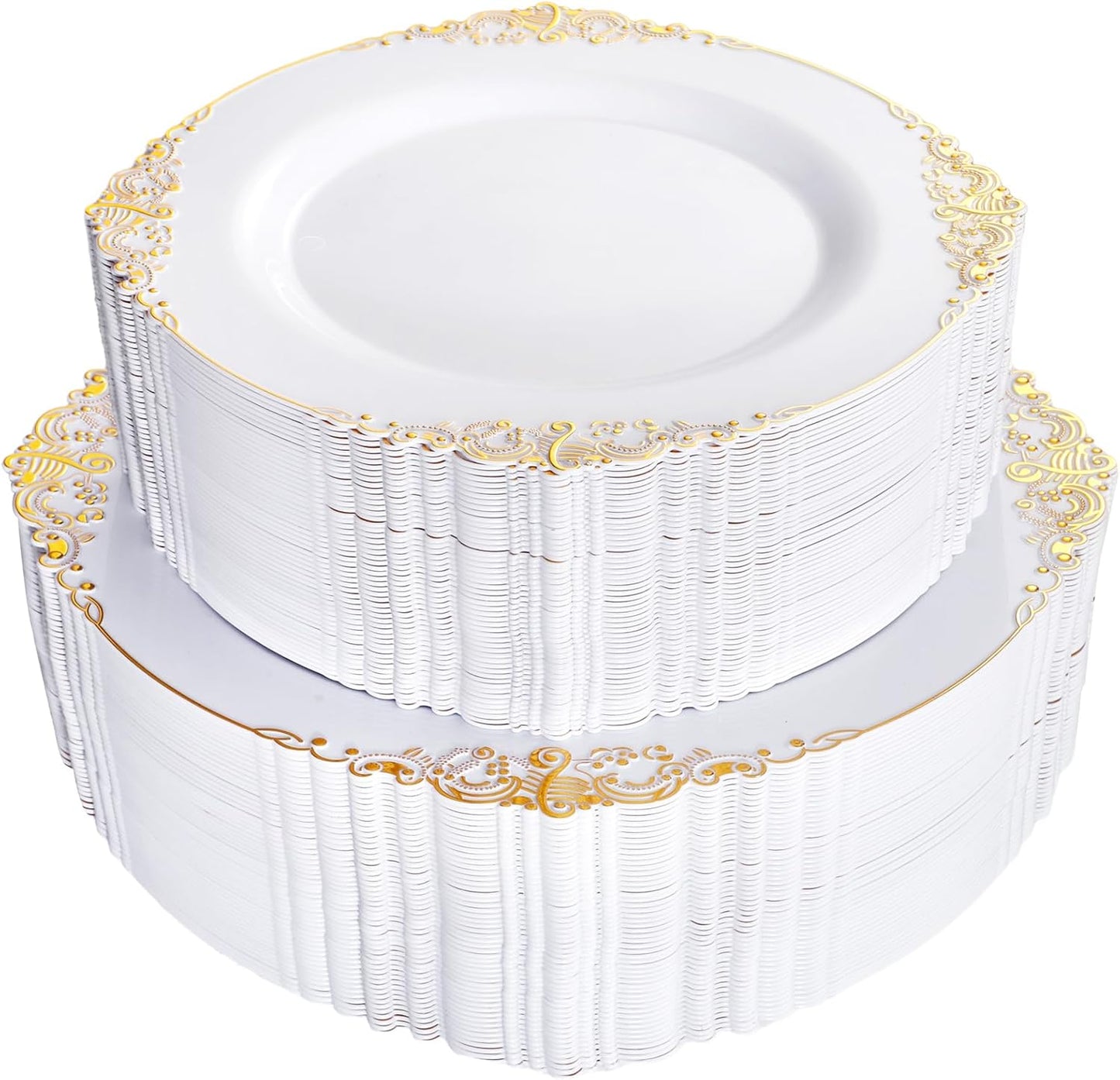 102PCS White and Gold Plastic Plates for Elegant Gatherings