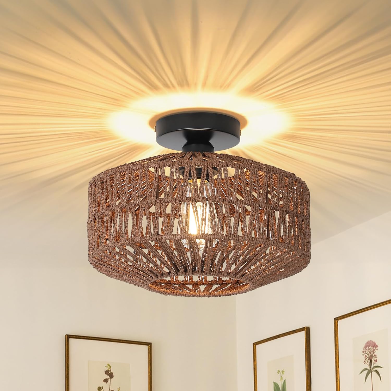 Boho Rattan Light Fixtures by Jobtical - Dimmable Ceiling Light