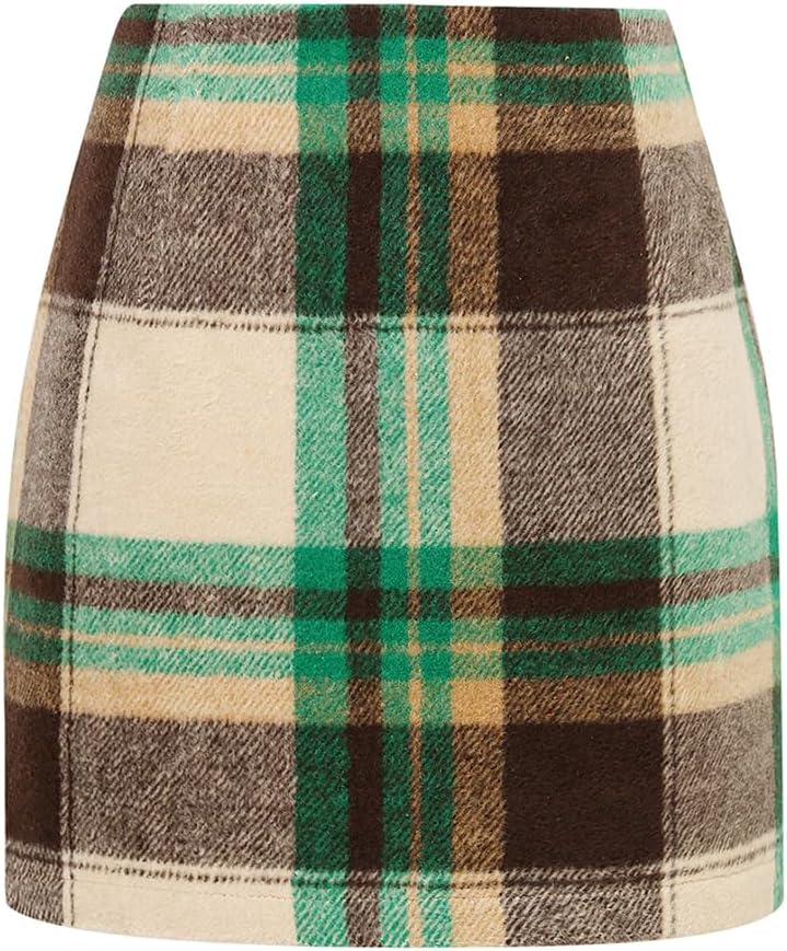Kinghua Womens Wool Plaid Mini Skirt for Fall and Winter Wear