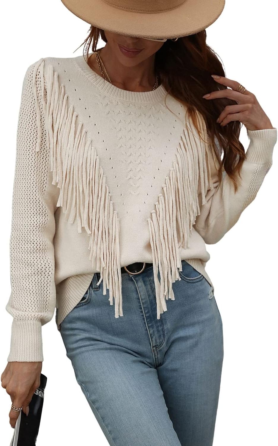 Chouyatou Women's Casual Crewneck Fringe Tassel Sweater Jumper