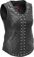 Women's Motorcycle Biker Riding Black Leather Vest - Empress
