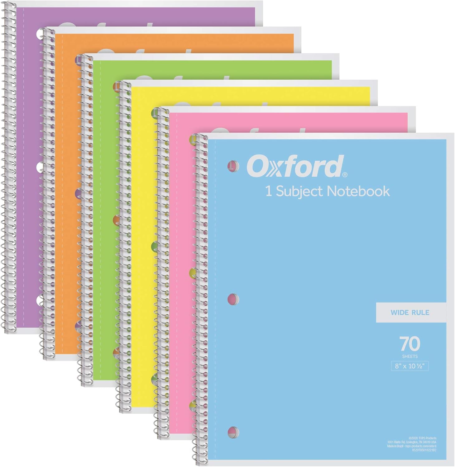 Oxford 6-Pack Pastel Spiral Notebooks, Wide Ruled, 70 Sheets