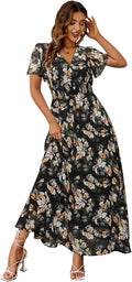 Boho Floral Maxi Dress for Women - Flowy V Neck Short Sleeve Simplee