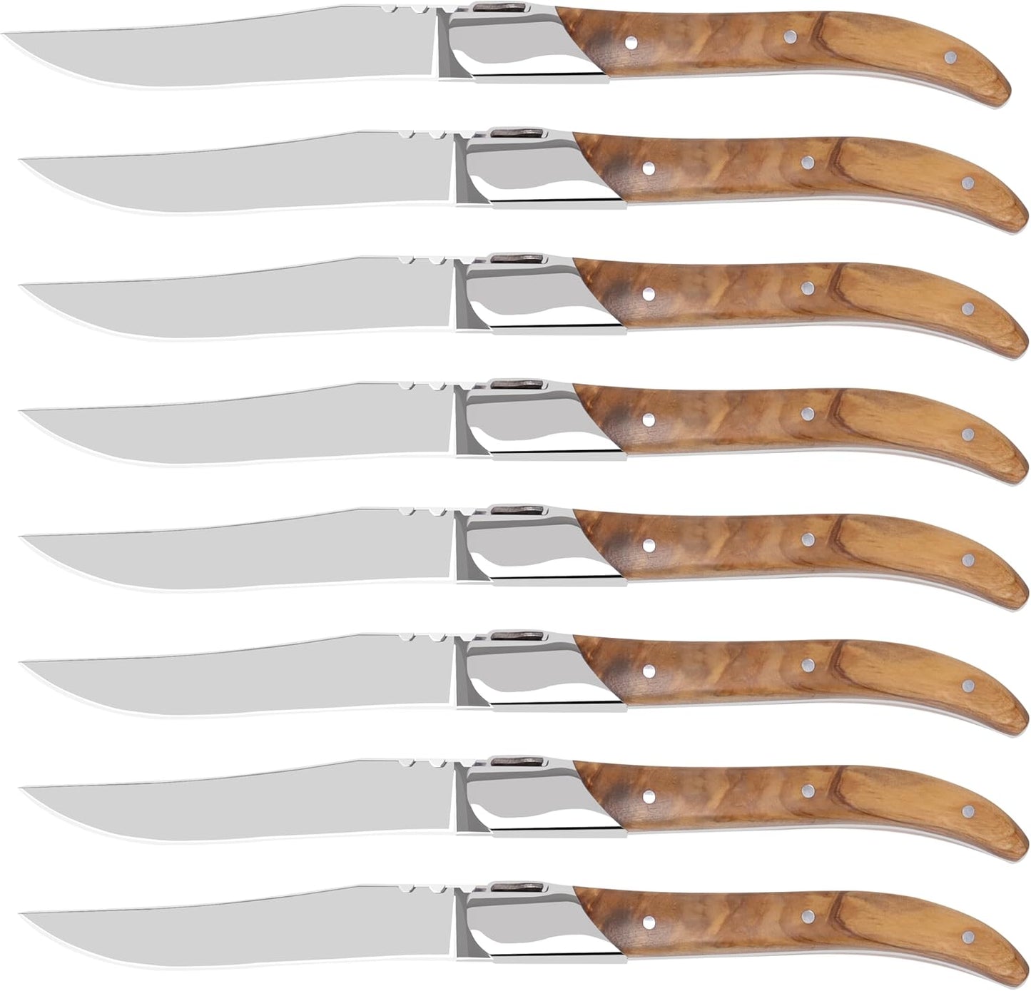Laguiole Style Steak Knife Set of 8 with Olive Wood Handles